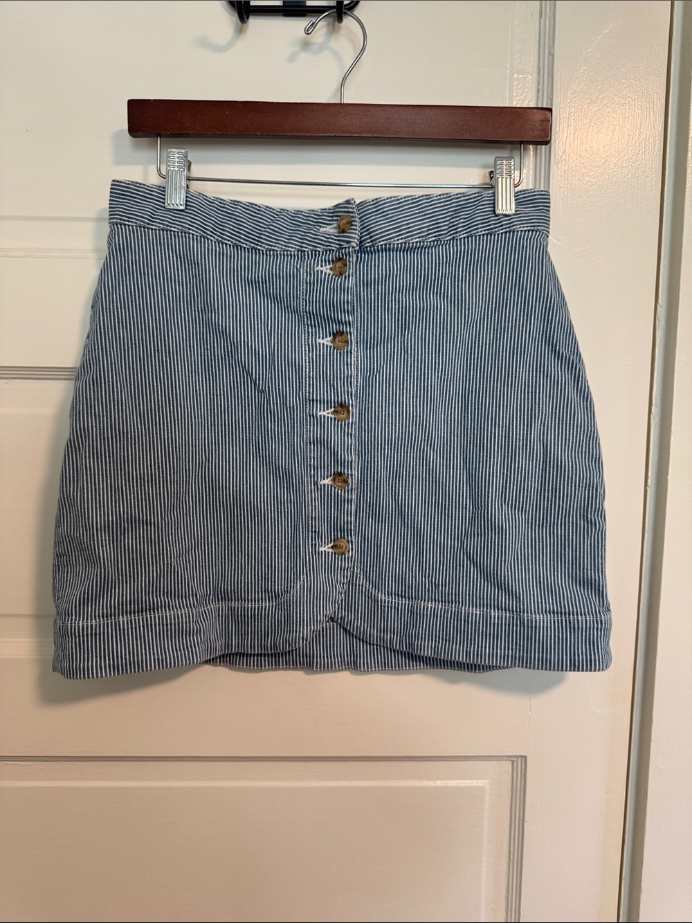 Sezane Blue & White Pinstripe Button-Up Mini Skirt